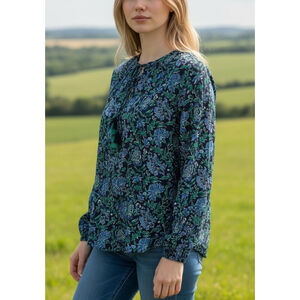 Vineyard Vines Anega Floral Pleated Top  Blue Green Tassel Tie Size Small Modal